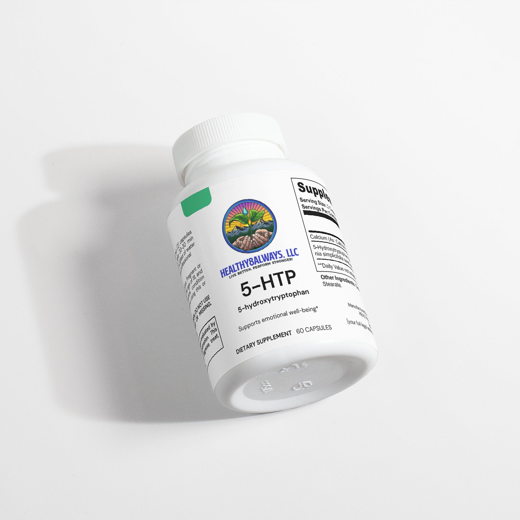 A white bottle labeled 5-HTP by Healthy8Always claims to support serotonin levels for emotional well-being. The 60-capsule bottle is shown against a white background.