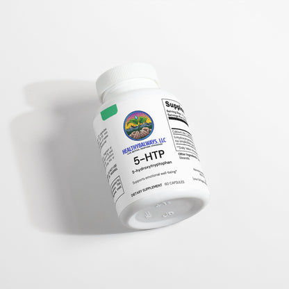 A white bottle labeled 5-HTP by Healthy8Always claims to support serotonin levels for emotional well-being. The 60-capsule bottle is shown against a white background.