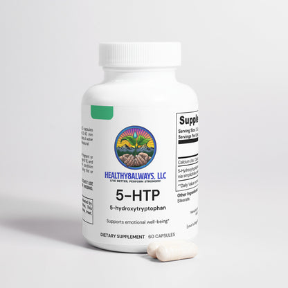 A white bottle of Healthy8Always 5-HTP dietary supplement is designed to boost serotonin levels and support emotional well-being. It contains 60 capsules plus two extra loose ones.