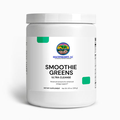 A white container of Healthy8Always Ultra Cleanse Smoothie Greens, enriched with superfoods and botanical extracts for energy support. The mostly white label has green and black accents, highlighting organic grasses. Container size: 8.8 oz.