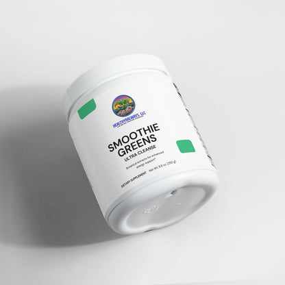 A white tub of Ultra Cleanse Smoothie Greens by Healthy8Always, with a colorful logo, rests on a white surface. Its clean and minimalist design captures the essence of superfoods through its organic grasses and greens blend for a wholesome experience.