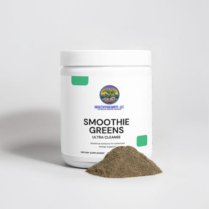 A white container of Ultra Cleanse Smoothie Greens by Healthy8Always, featuring a botanical logo, stands next to a small pile of green superfood powder. The plain white backdrop accentuates the organic grasses inside.