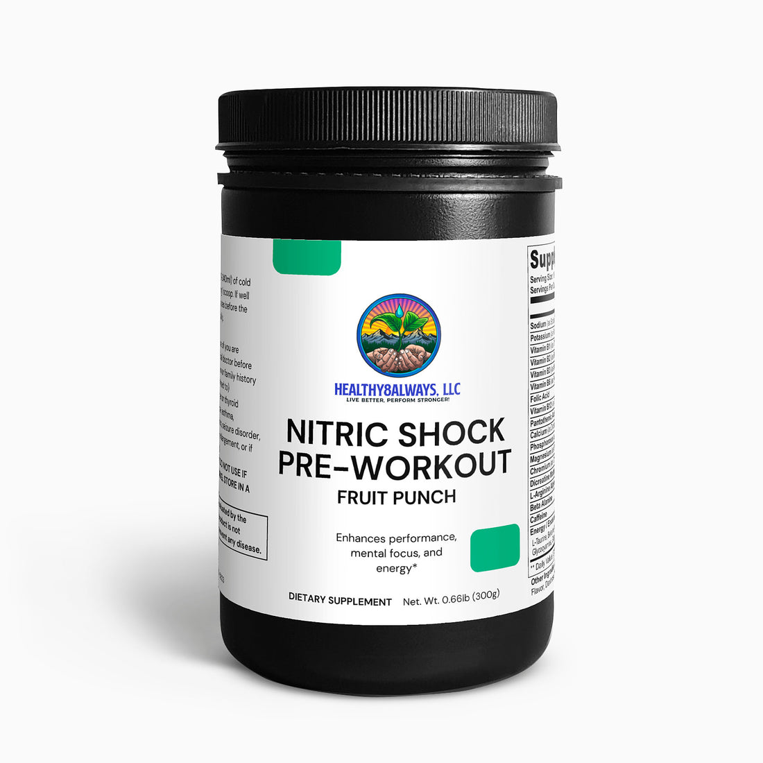 A 0.66 lb (300g) black container of Nitric Shock Pre-Workout Powder in fruit punch flavor from Healthy8Always claims enhanced performance, mental focus, and an incredible energy boost.