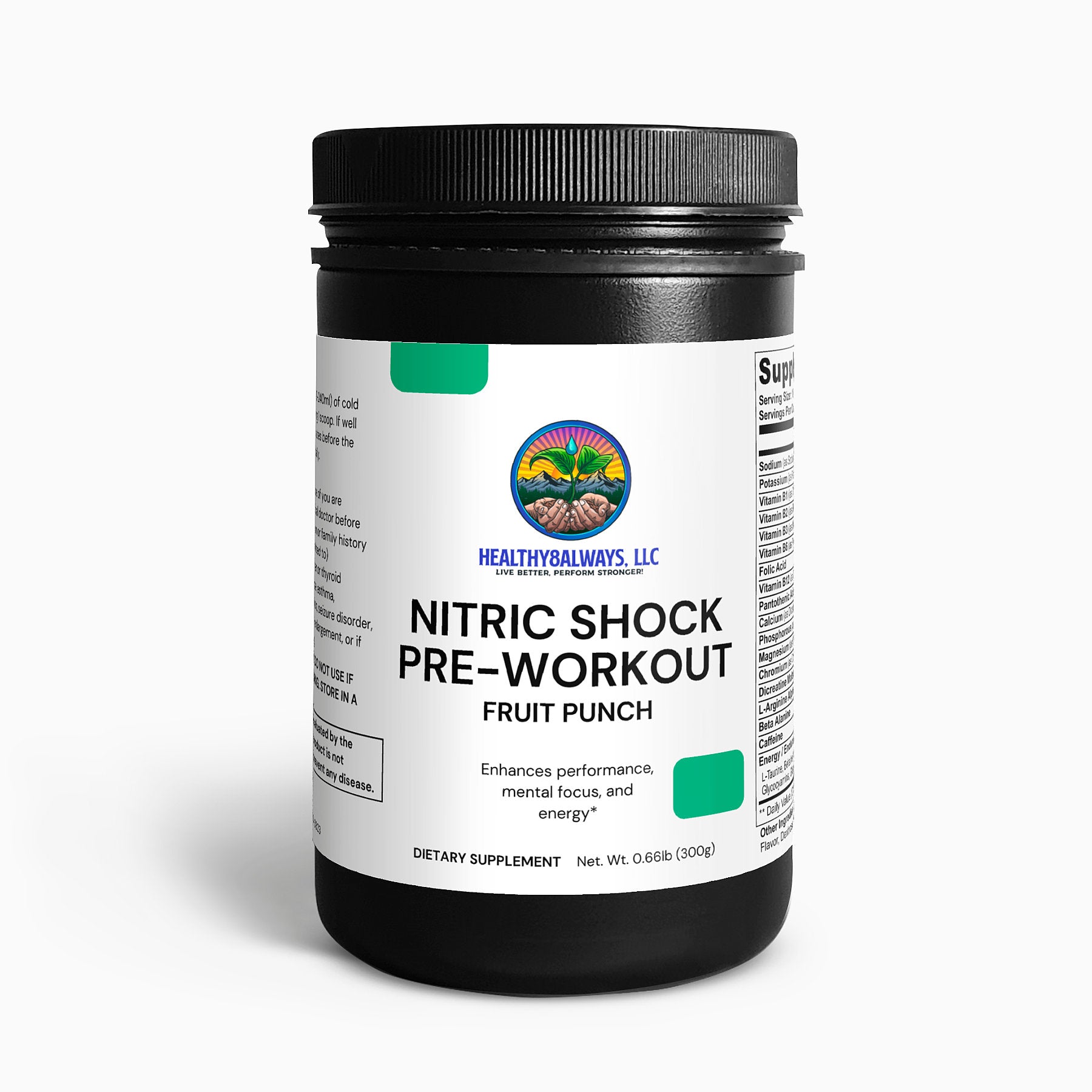 A 0.66 lb (300g) black container of Nitric Shock Pre-Workout Powder in fruit punch flavor from Healthy8Always claims enhanced performance, mental focus, and an incredible energy boost.