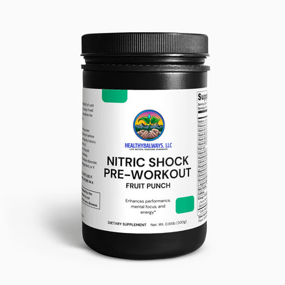 A 0.66 lb (300g) black container of Nitric Shock Pre-Workout Powder in fruit punch flavor from Healthy8Always claims enhanced performance, mental focus, and an incredible energy boost.