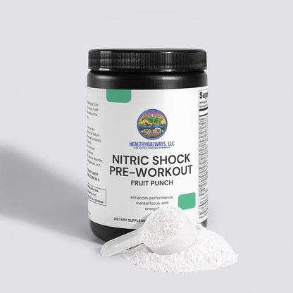 A container of Healthy8Always Nitric Shock Pre-Workout Powder in Fruit Punch flavor promises enhanced performance, mental focus, and energy. A scoop of the white powder sits beside it.