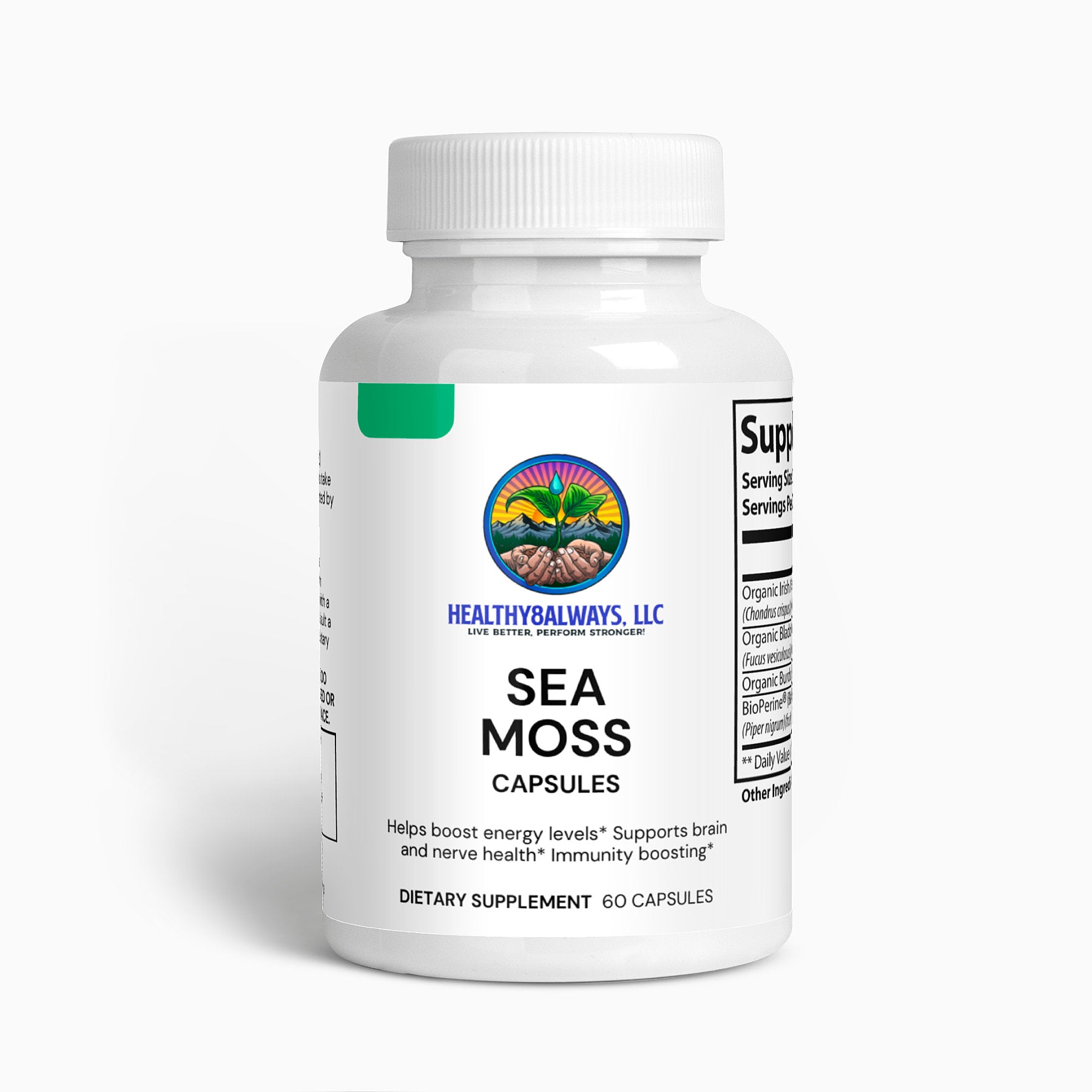 A white bottle of Sea Moss capsules from Healthy8Always, enhanced with Bladderwrack, contains 60 capsules. The label highlights benefits like boosting energy and supporting brain, nerve health, and immunity.