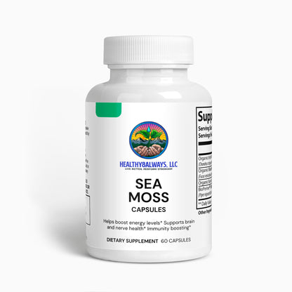 A white bottle of Sea Moss capsules from Healthy8Always, enhanced with Bladderwrack, contains 60 capsules. The label highlights benefits like boosting energy and supporting brain, nerve health, and immunity.