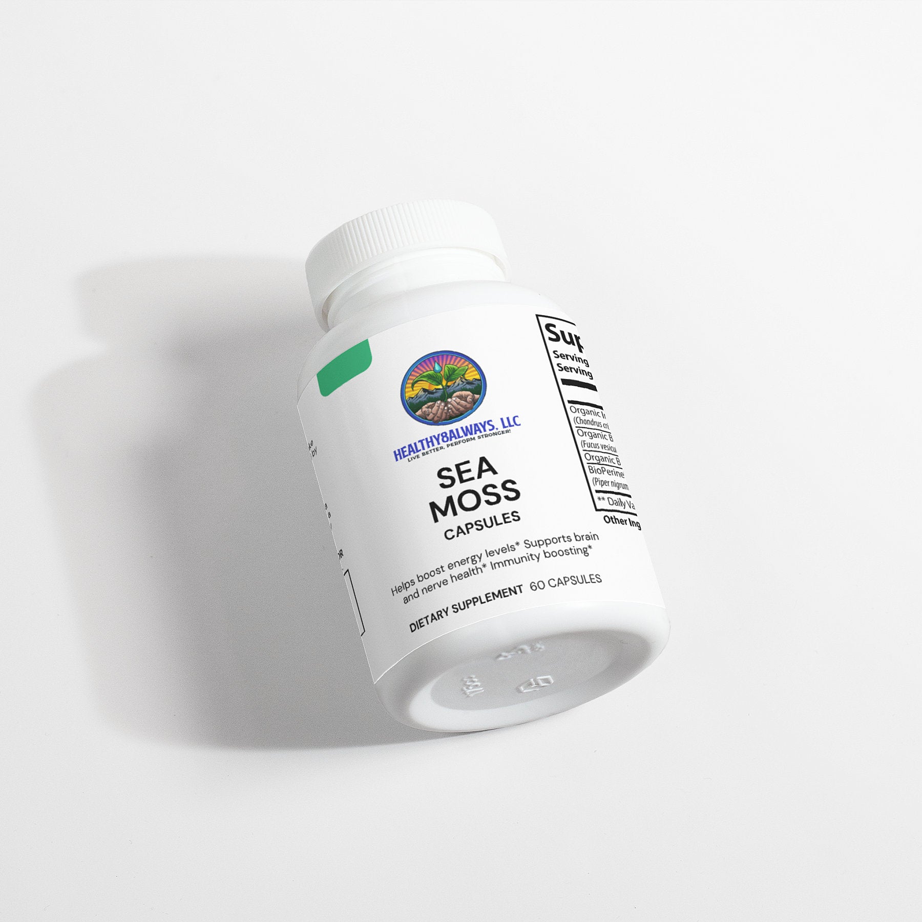 A white bottle of Healthy8Always Sea Moss is labeled as a dietary supplement. The packaging highlights benefits like boosting immunity and supporting brain health, all set against a white background.