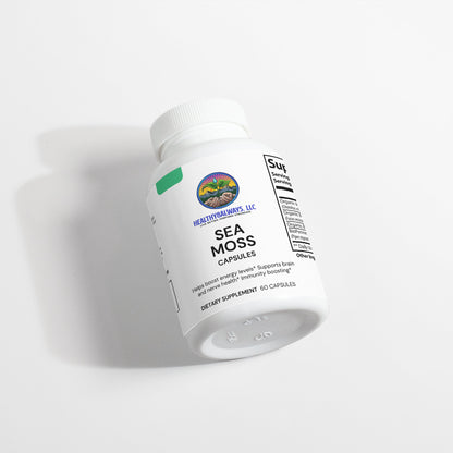 A white bottle of Healthy8Always Sea Moss is labeled as a dietary supplement. The packaging highlights benefits like boosting immunity and supporting brain health, all set against a white background.