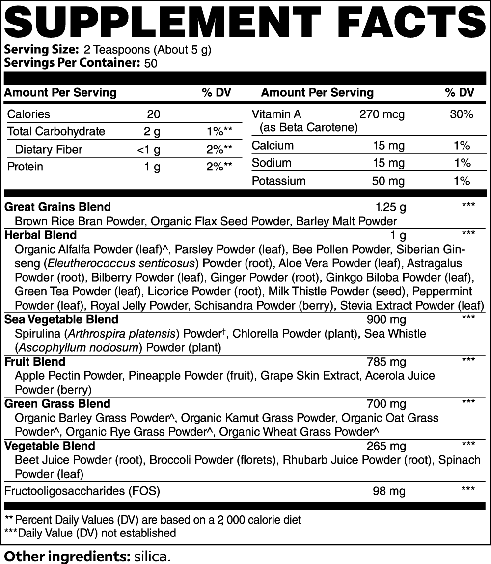 The Ultra Cleanse Smoothie Greens by Healthy8Always has a supplement facts label with nutritional info including calories, carbs, vitamin A, sodium, and potassium. It also features blends such as Great Grains, Organic Grasses, and Superfoods with greens like alfalfa, barley, and wheatgrass.