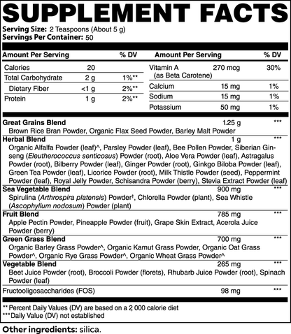 The Ultra Cleanse Smoothie Greens by Healthy8Always has a supplement facts label with nutritional info including calories, carbs, vitamin A, sodium, and potassium. It also features blends such as Great Grains, Organic Grasses, and Superfoods with greens like alfalfa, barley, and wheatgrass.