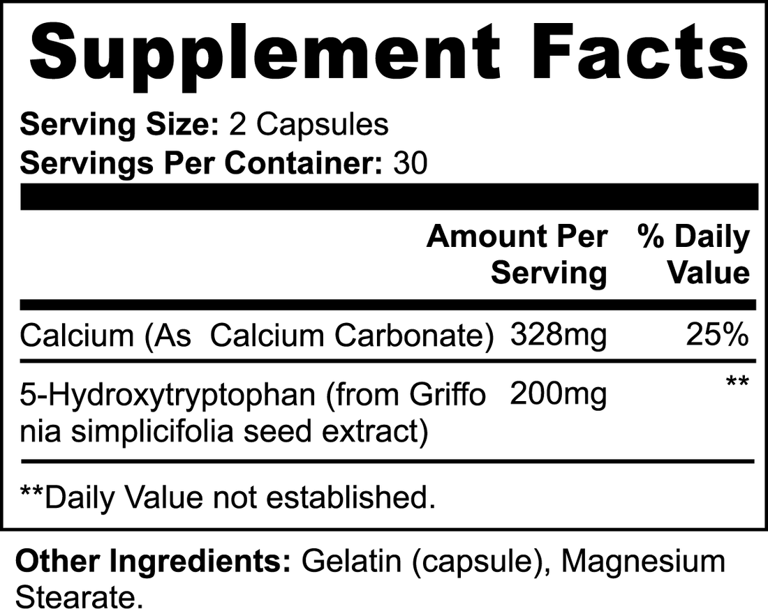 The Healthy8Always 5-HTP supplement contains a facts label for capsules, with a serving size of 2 capsules and 30 servings per container. Each serving provides calcium carbonate (25% DV, 328 mg) and 5-HTP (200 mg), supporting serotonin levels. Other ingredients include gelatin and magnesium stearate.