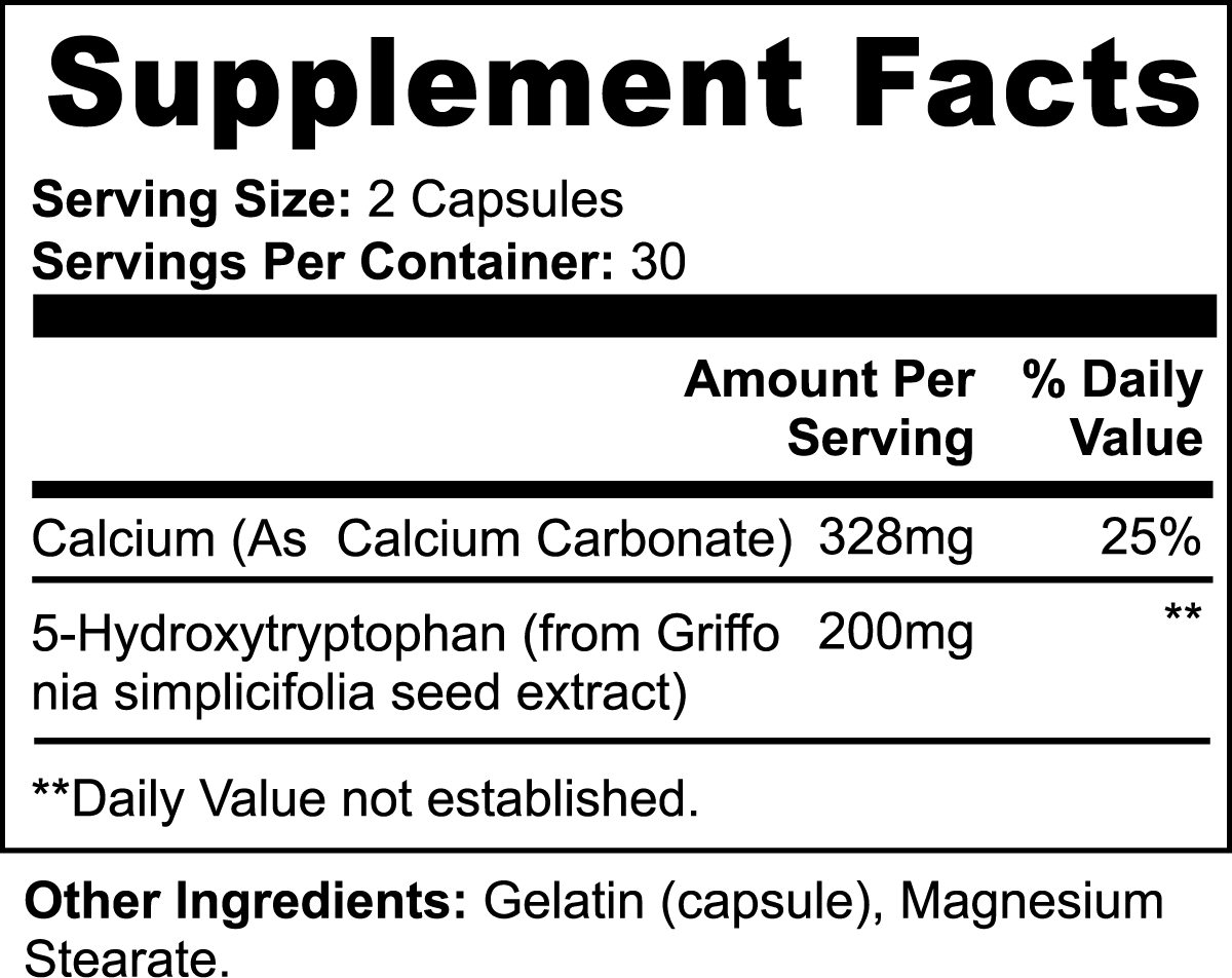 The Healthy8Always 5-HTP supplement contains a facts label for capsules, with a serving size of 2 capsules and 30 servings per container. Each serving provides calcium carbonate (25% DV, 328 mg) and 5-HTP (200 mg), supporting serotonin levels. Other ingredients include gelatin and magnesium stearate.