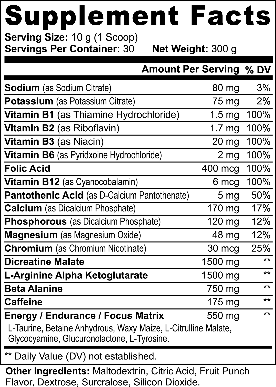 The supplement facts for Healthy8Always Nitric Shock Pre-Workout Powder (Fruit Punch) include sodium, potassium, essential B vitamins, folic acid, vitamin C, calcium, magnesium, zinc, and a blend of L-arginine and citrulline malate for an ultimate energy boost.